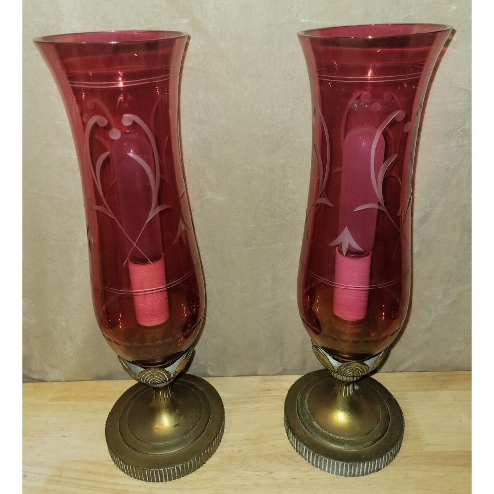 2 Antique Table Lamp Pair Cut Etched Red Cranberry Glass Wheel Leaf Brass Base